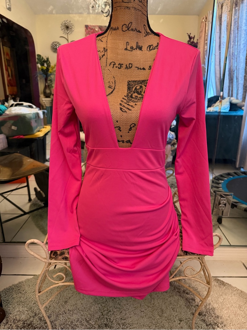 Plunging V-Neck Long Sleeve Mini Dress in Hot Pink